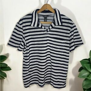 H&M Men’s Terrycloth Polo Shirt Medium Navy Gray Striped Retro Resort